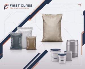 First Class Trading Company packaging containers — plastic pails, buckets, a jerry can, and a drum used for industrial product filling and packaging