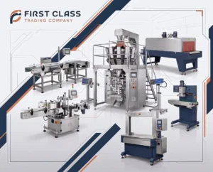 Packaging machinery showing filling, sealing and packing equipment.