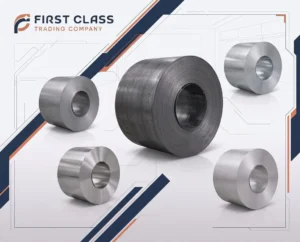 Illustration of rolled metal coils in several widths and surface finishes.